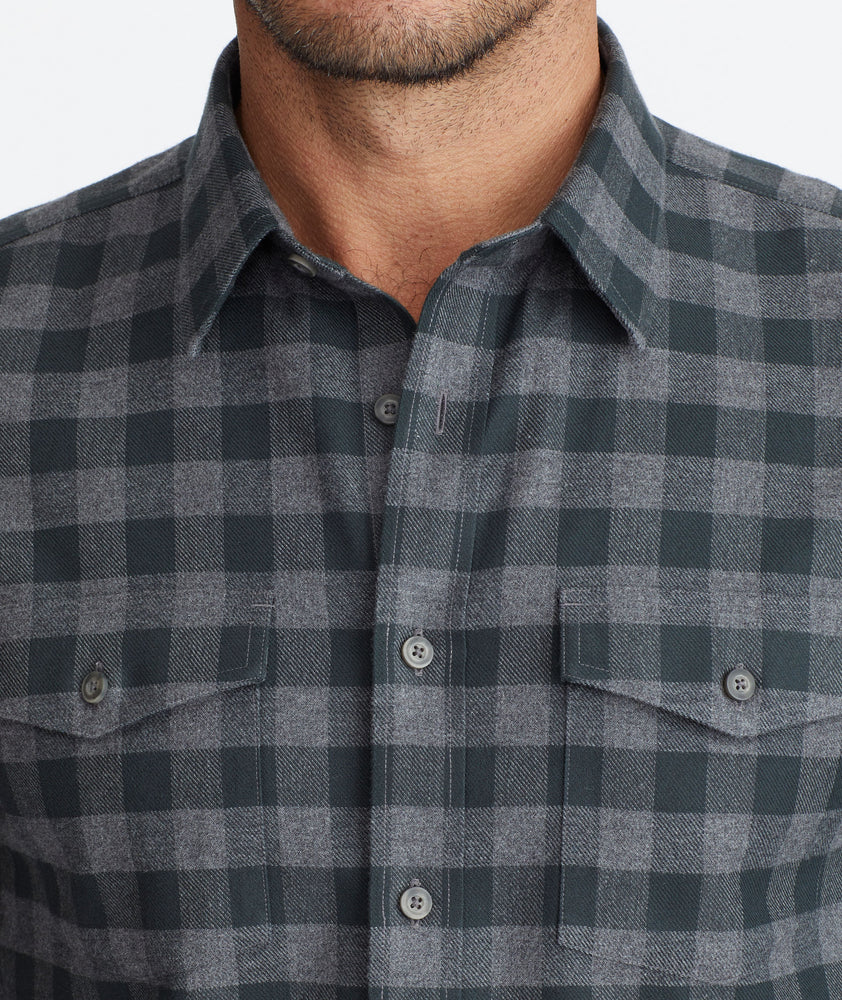 Model wearing a Grey Heavyweight Wrinkle-Free Flannel Vigouroux Shirt