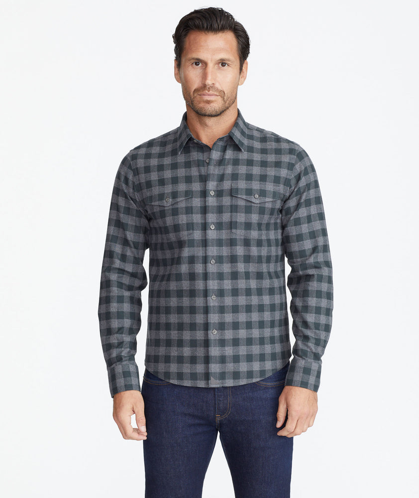 Model wearing a Grey Heavyweight Wrinkle-Free Flannel Vigouroux Shirt