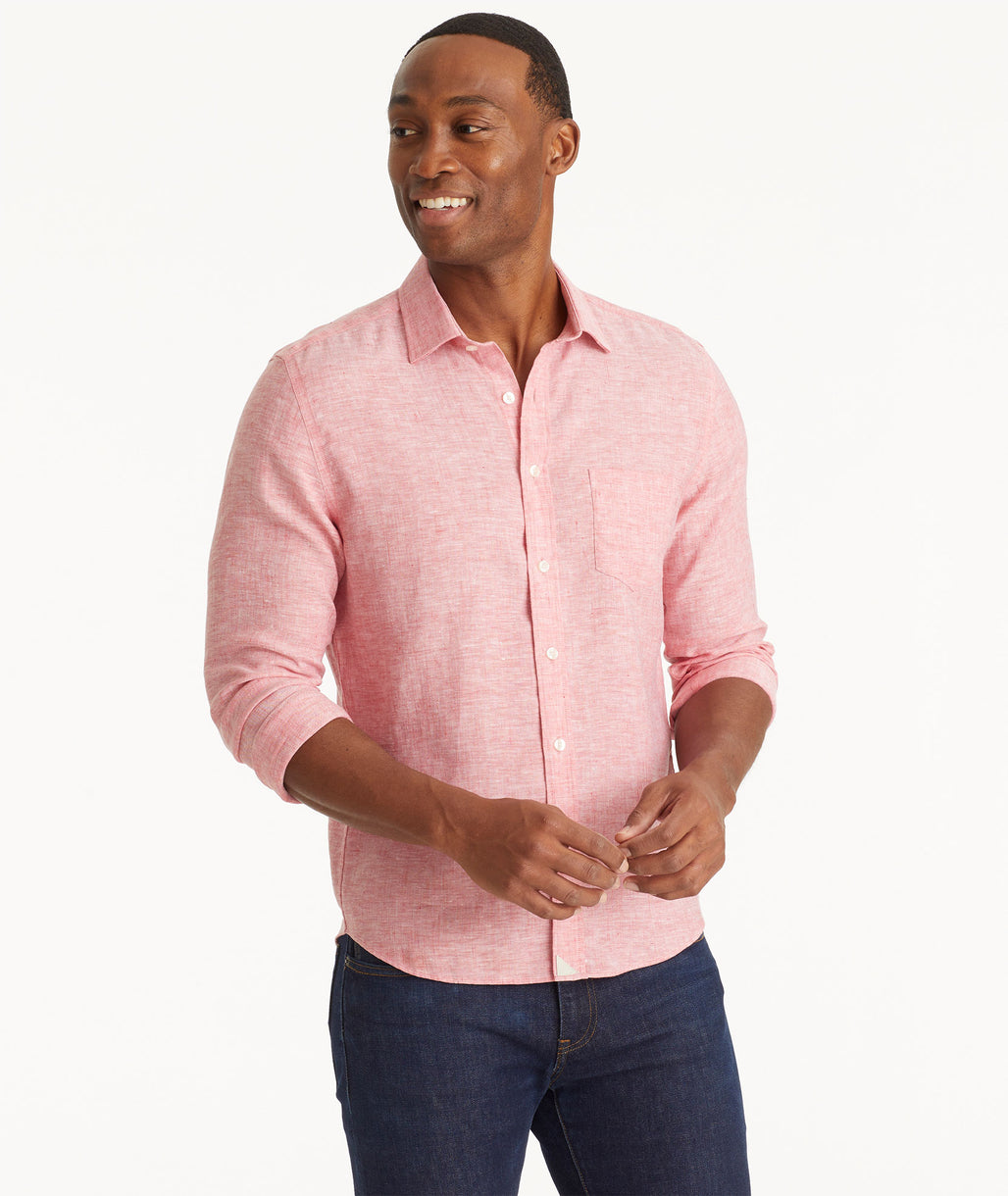 Model wearing an UNTUCKit Red Wrinkle-Resistant Linen Vin Santo Shirt