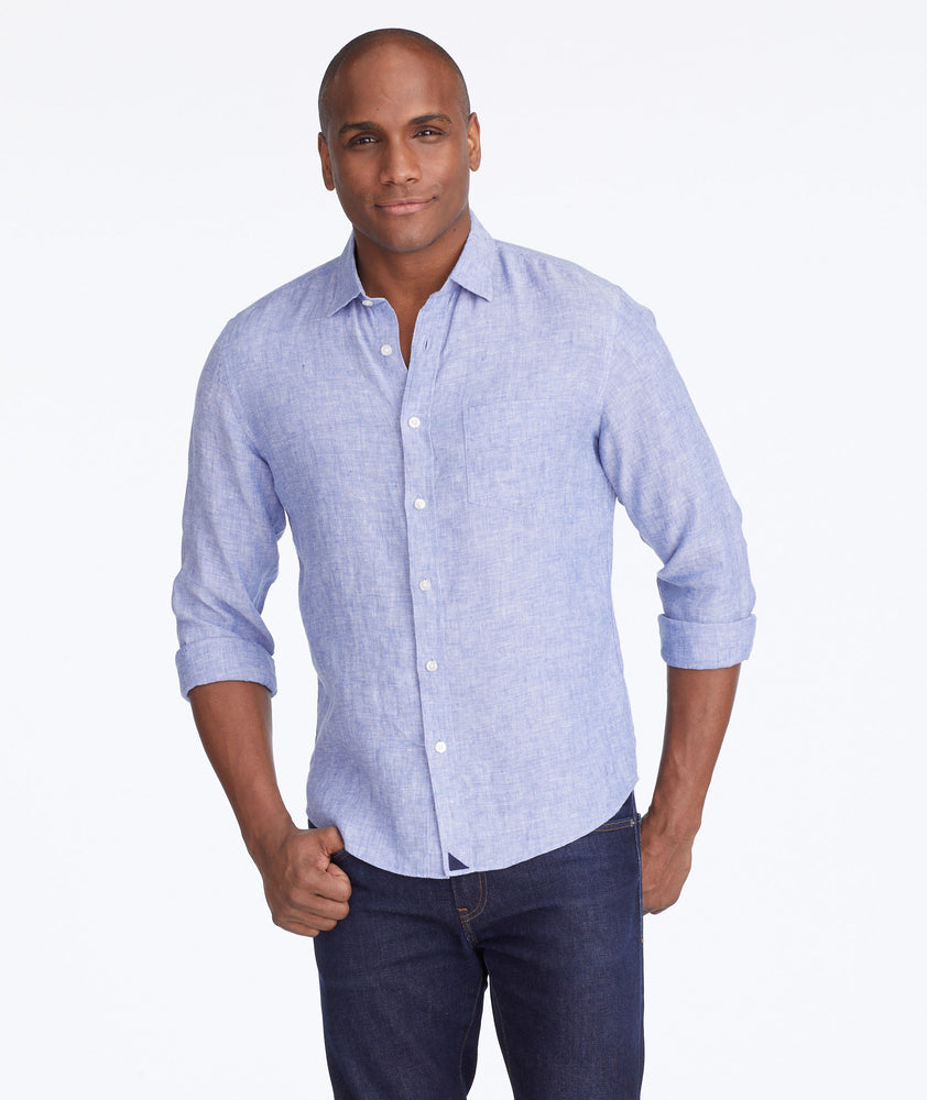 Model wearing a Blue Wrinkle-Resistant Linen Vin Santo Shirt