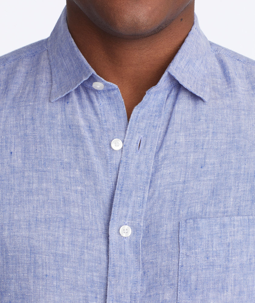 Model wearing a Blue Wrinkle-Resistant Linen Vin Santo Shirt