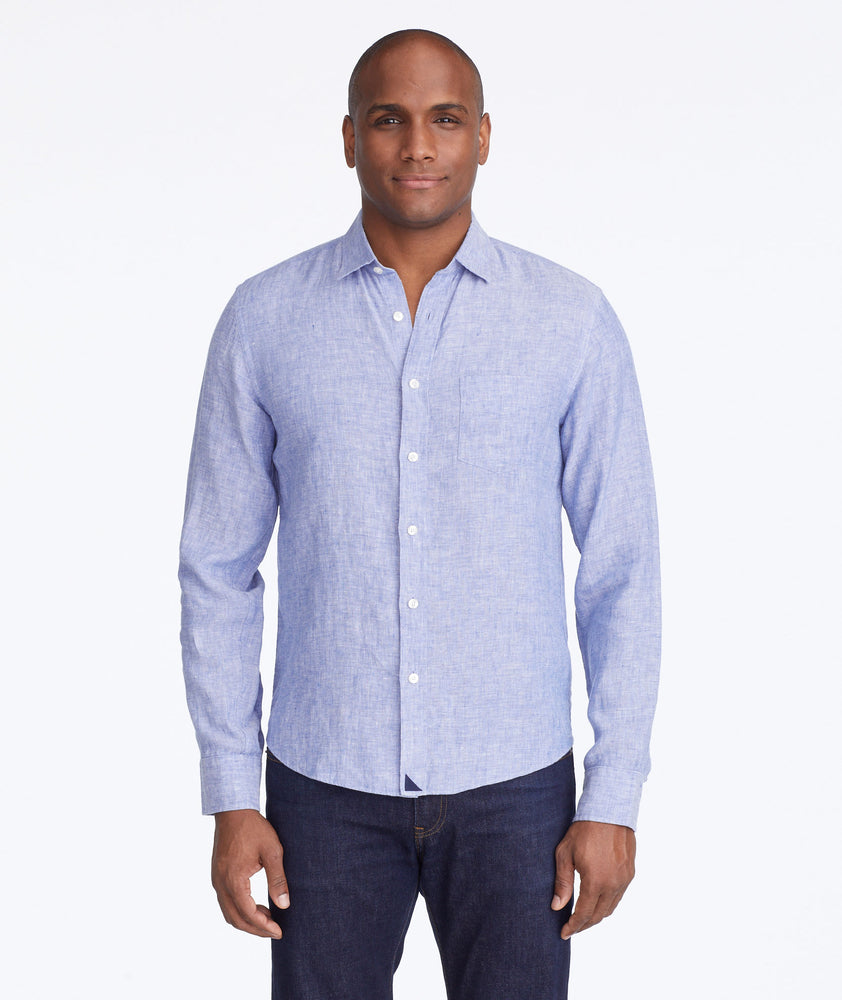 Model wearing a Blue Wrinkle-Resistant Linen Vin Santo Shirt