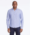 Model wearing a Blue Wrinkle-Resistant Linen Vin Santo Shirt
