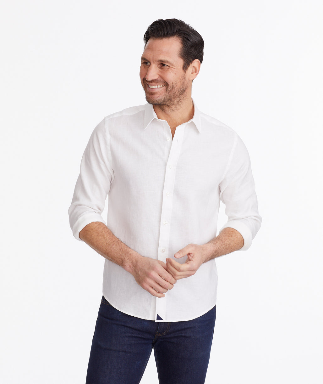 Model wearing a White Wrinkle-Resistant Linen Vin Santo Shirt