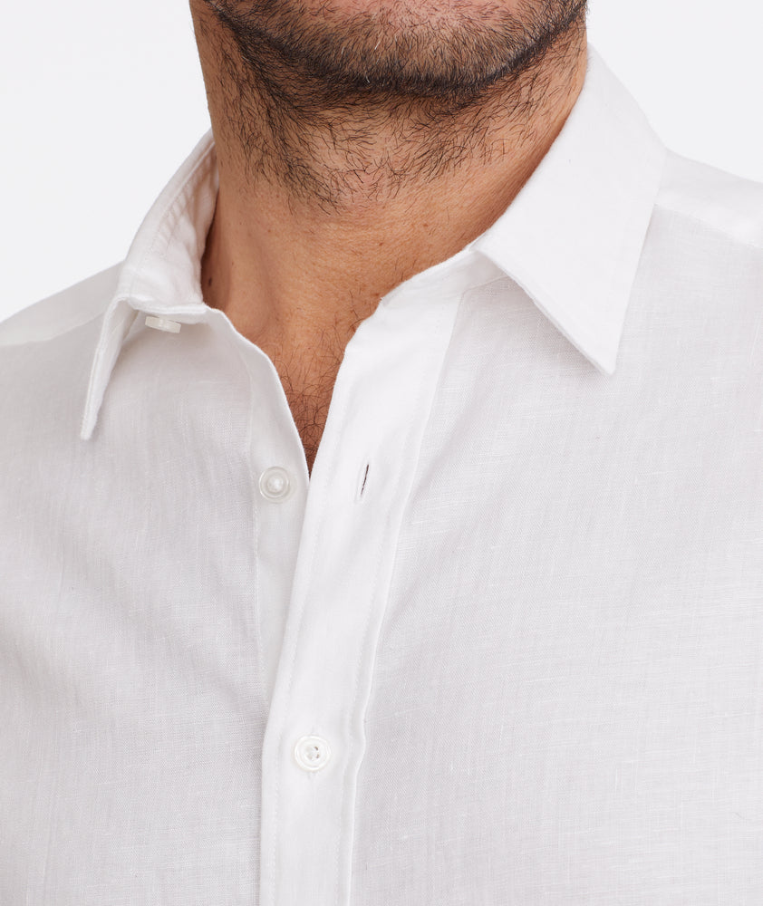 Model wearing a White Wrinkle-Resistant Linen Vin Santo Shirt