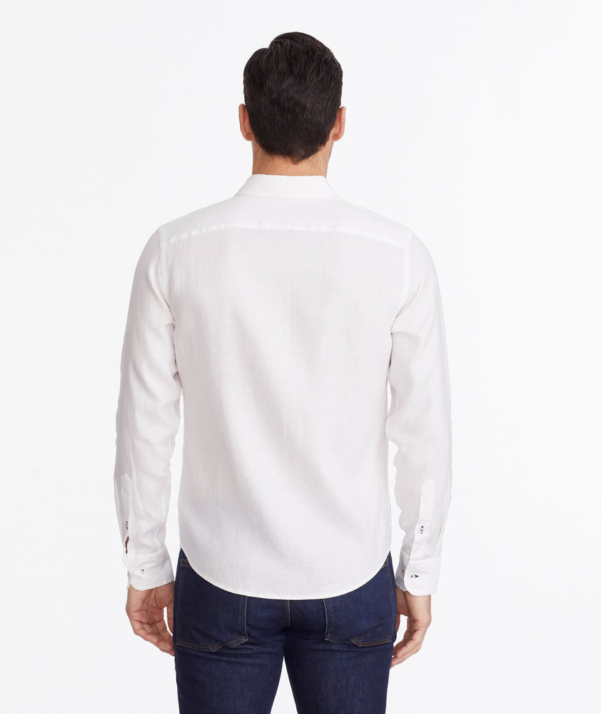 Model wearing a White Wrinkle-Resistant Linen Vin Santo Shirt