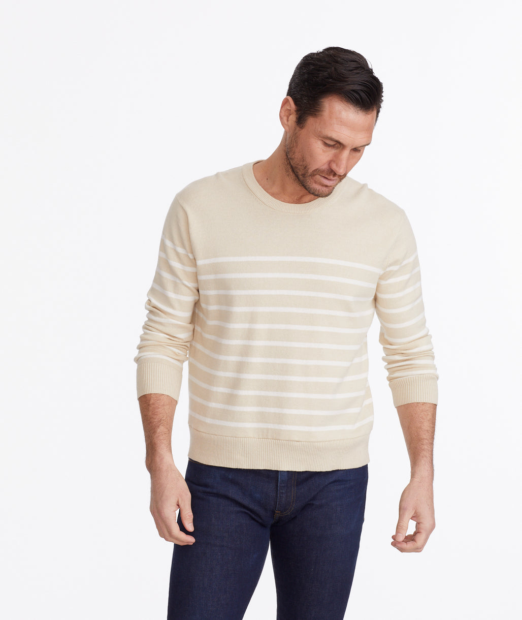 Model wearing a Tan Striped Crewneck Sweater