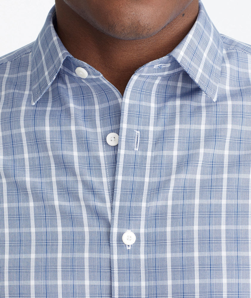 Model wearing a Blue Wrinkle-Free Yanberg Shirt