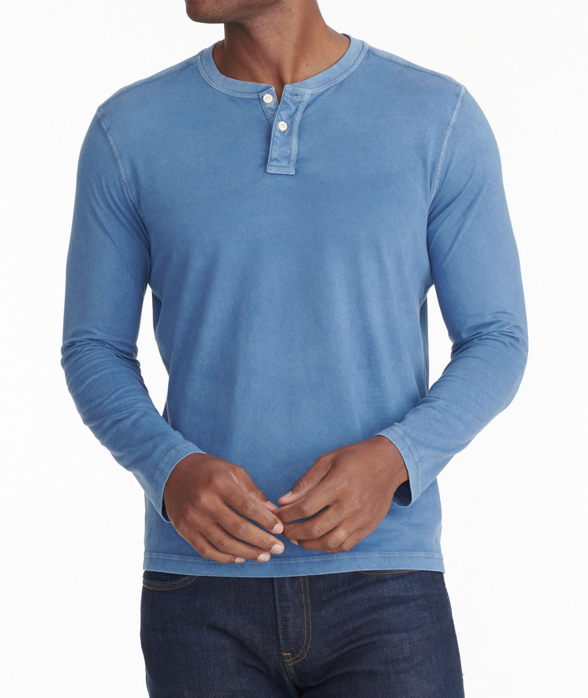 Model wearing a Dark Blue Long-Sleeve Pima Cotton Henley