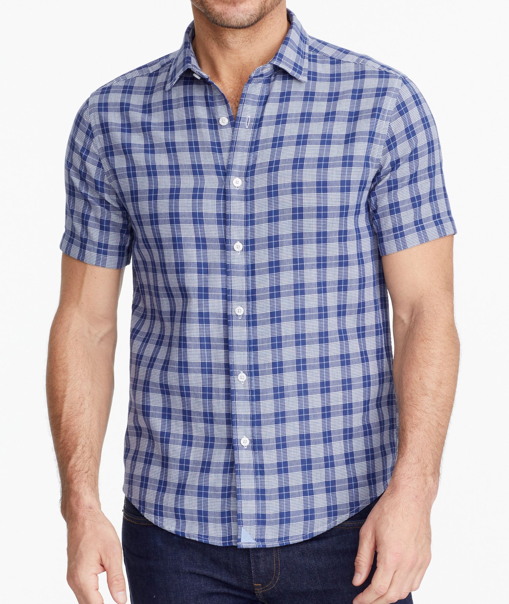Cotton Gauze Short-Sleeve Zuccardi Shirt Navy & White Plaid